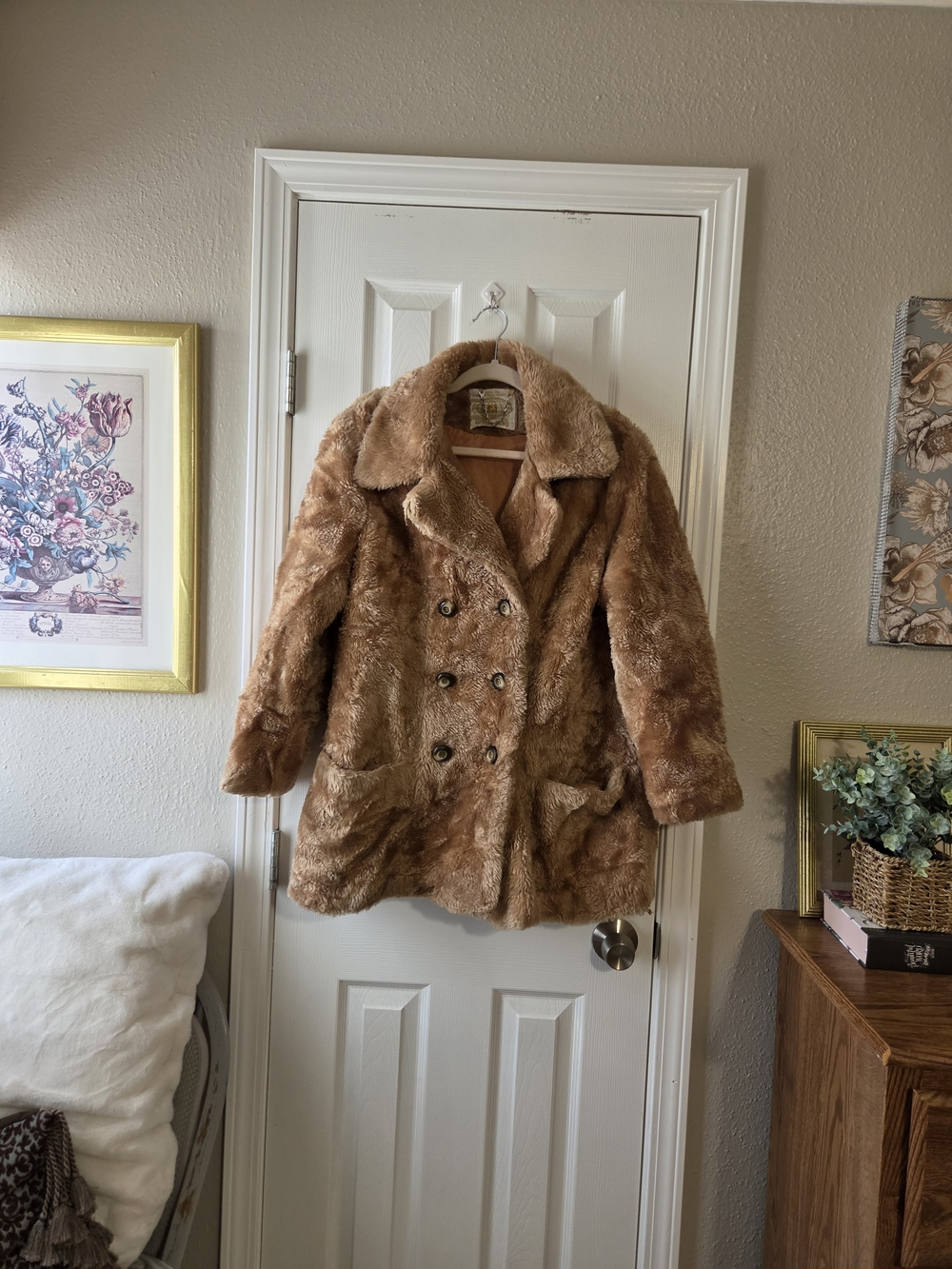 Vtg 70s White Stag Faux Fur Coat Double Breasted Pea Coat Caramel Brown Tagged